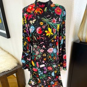 Black floral long-sleeve silk midi dress